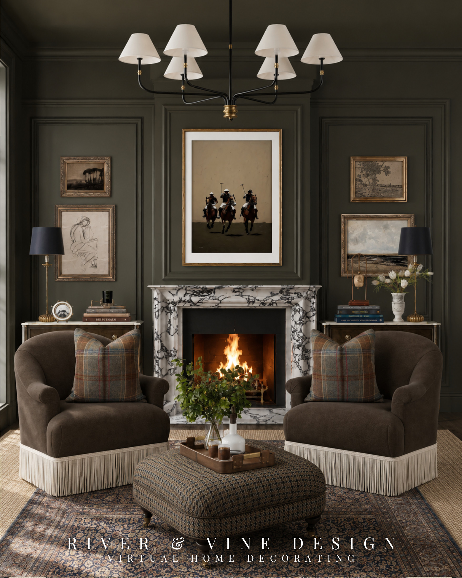 Want that rich, collected living room look without spending months hunting for pieces that work together? This moody modern traditional living room is all about the mix: deep olive green walls, classic plaid pillows, dramatic fringe accent chairs, layered vintage-style rugs, equestrian artwork and warm antique-inspired details.

The key to creating a Ralph Lauren-inspired living room is balancing polished pieces with cozy textures so the room feels sophisticated—but still completely inviting. Every detail in this edit helps recreate that timeless, layered English country aesthetic. Tap through to find the furniture, lighting, artwork and decor that bring it together!

Ralph Lauren inspired home, moody living room, modern traditional living room, English country decor, equestrian home decor, dark green living room, color drenched room, cozy living room ideas, layered rugs, vintage inspired decor, plaid throw pillows, classic interior design

I may receive a commission from purchases made through my links.

#LTKHome