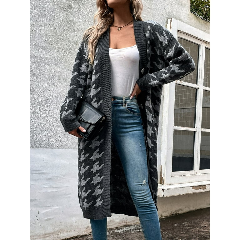 BESTSPR Women's Autumn Winter Long Houndstooth Breasted Sweater Cardigan Coat | Walmart (US)