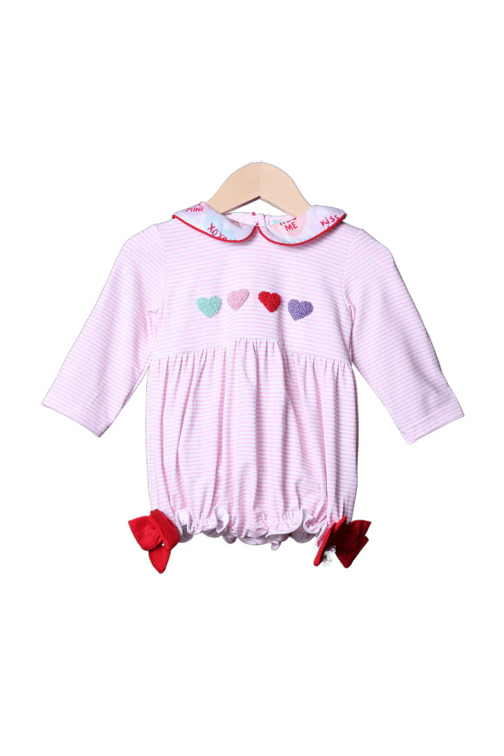 French Knot Candy Heart Pink Stripe Bubble | The Smocked Flamingo