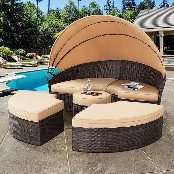 SOLAURA Outdoor Round Daybed, Patio Daybed with Retractable Canopy and Brown Wicker, Seating Sepa... | Amazon (US)