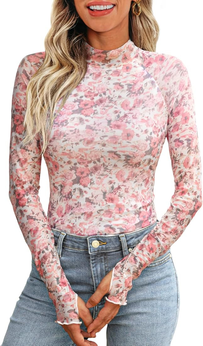 Dealmore Lace Long Sleeve Floral Mesh Mockneck Going Out Tops for Women Fashion Fall Outfits 2025 | Amazon (US)
