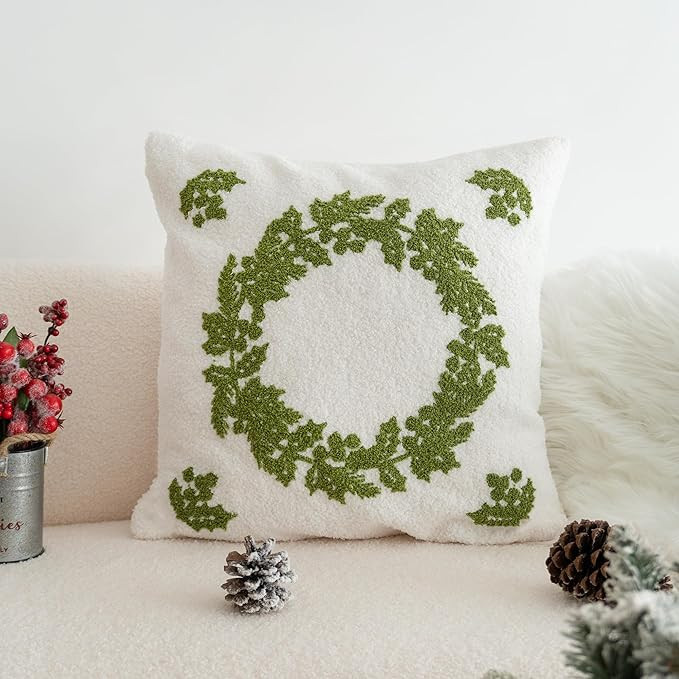 Fluffy White Green Christmas Decorative Pillow Cover, Neutral Farmhouse Throw Pillow Case with Wr... | Amazon (US)