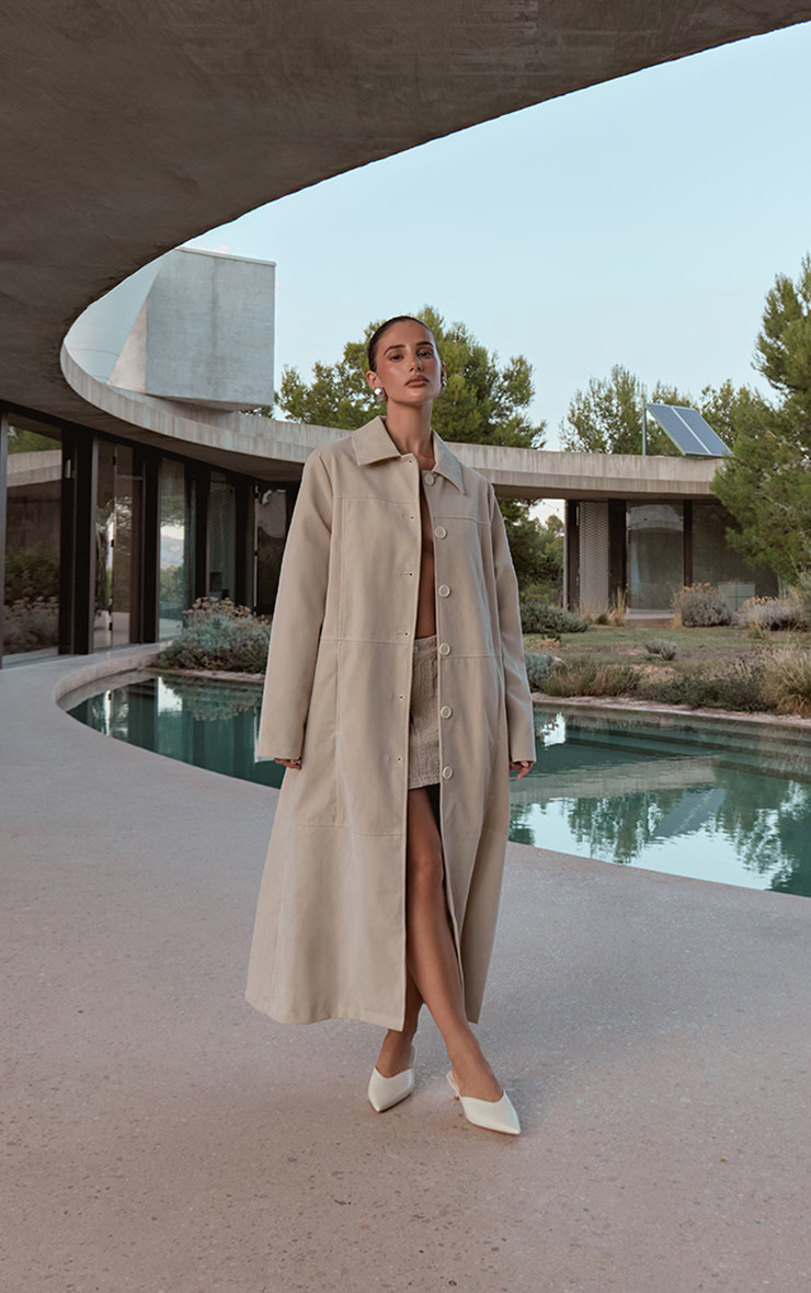 Ecru Suede Longline Button Coat | PrettyLittleThing UK