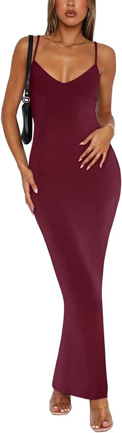 REORIA Women’s Summer Sexy V Neck Slip Long Dresses Adjustable Spaghetti Strap Ribbed Bodycon M... | Amazon (US)