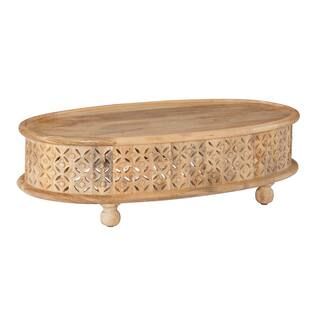 Elia 42 in. Natural 12 in. H Oval Hand-Carved Mango Wood Coffee Table | The Home Depot