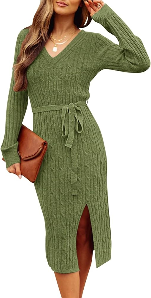 MEROKEETY Women's V Neck Cable Knit Sweater Dress Long Sleeve Bodycon Slit Pullover Midi Dress wi... | Amazon (US)