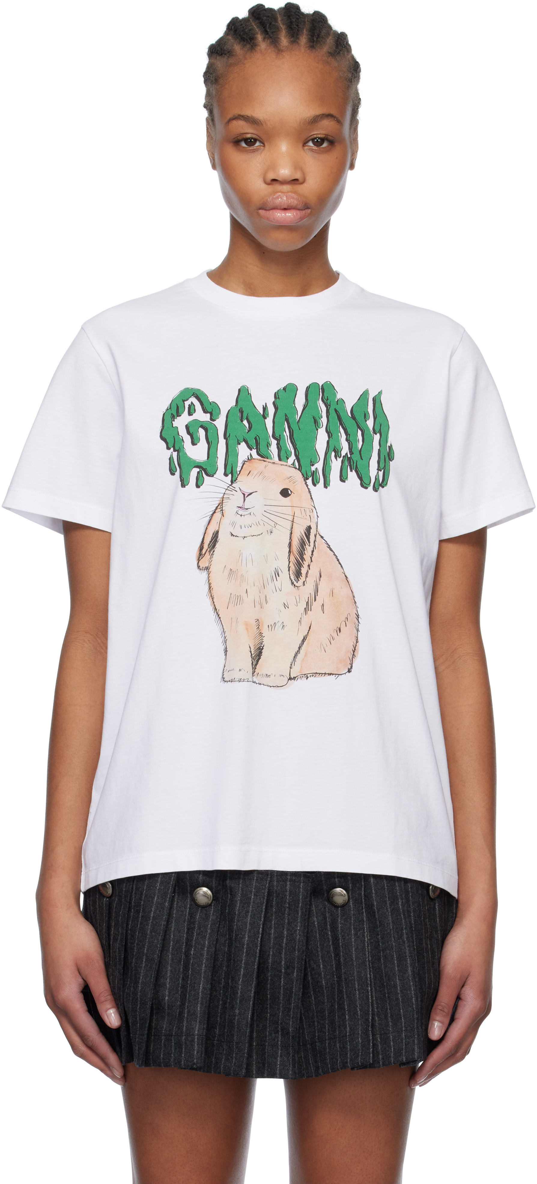 GANNI White Graphic Bunny Jersey T-shirt | SSENSE
