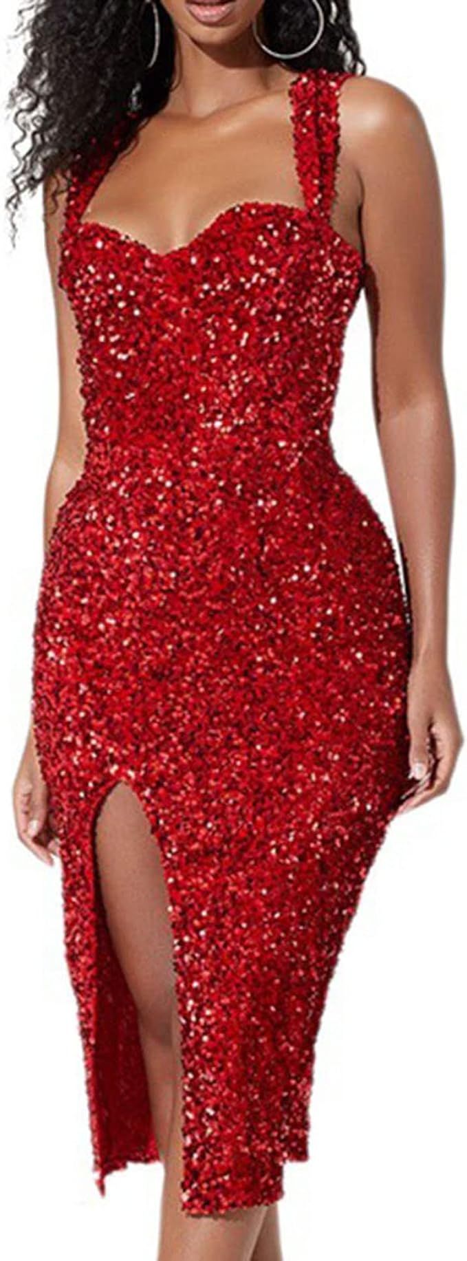 Amazon.com: Women's Sexy Sequin Prom Dress Bodycon Sleeveless Sparkly Gown Evening Midi Dress wit... | Amazon (US)
