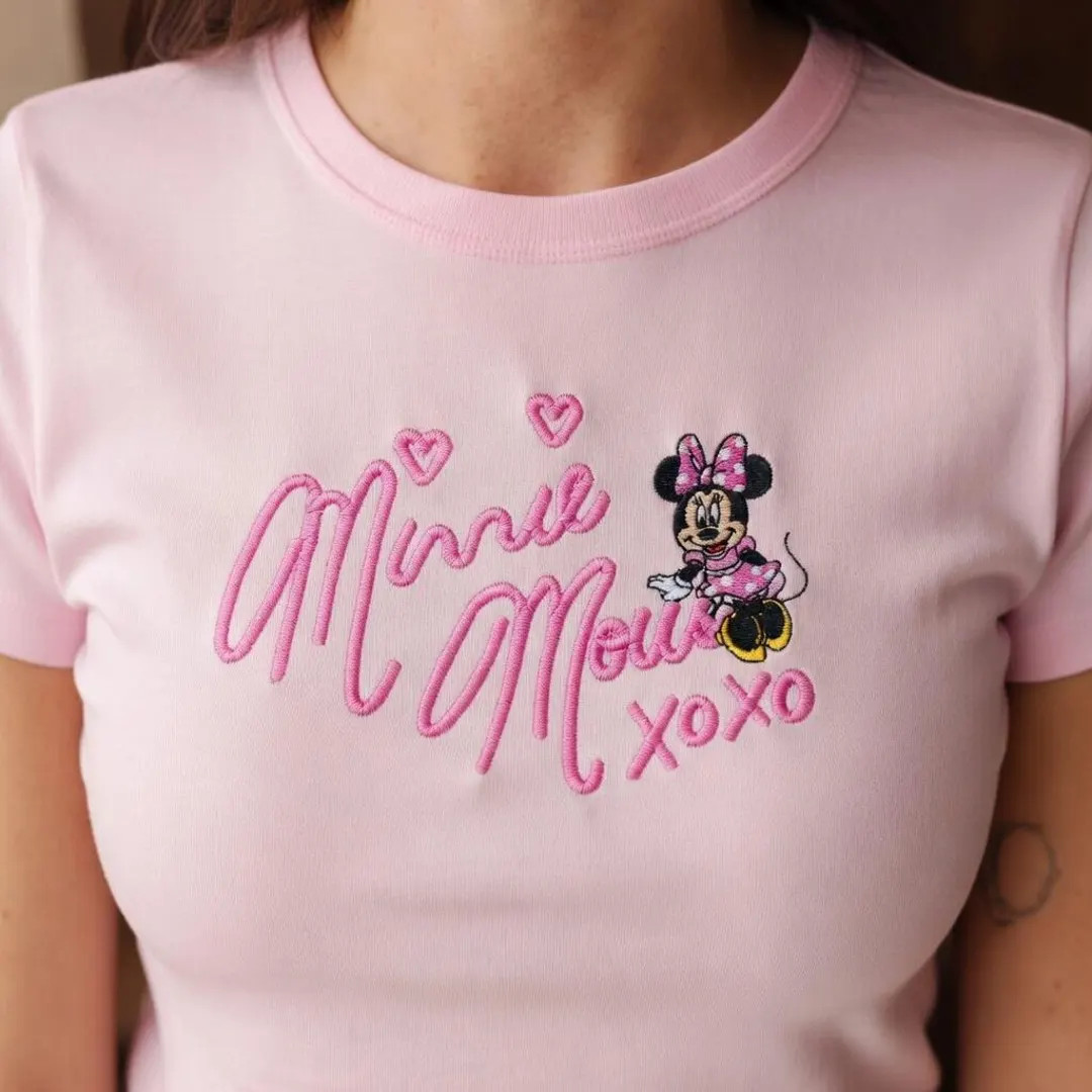 Embroidered Minnie Mouse XOXO Baby Tee, Cute Pink Disney Character Shirt, Girly Heart Script Crop... | Etsy (Global)