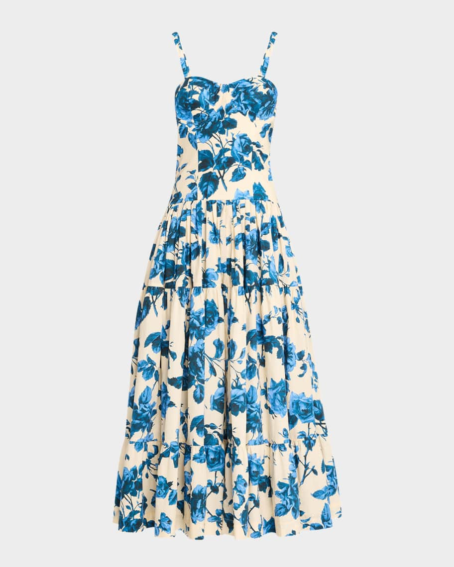 Cara Cara Santiago Bustier Tiered Floral Poplin Midi Dress | Neiman Marcus