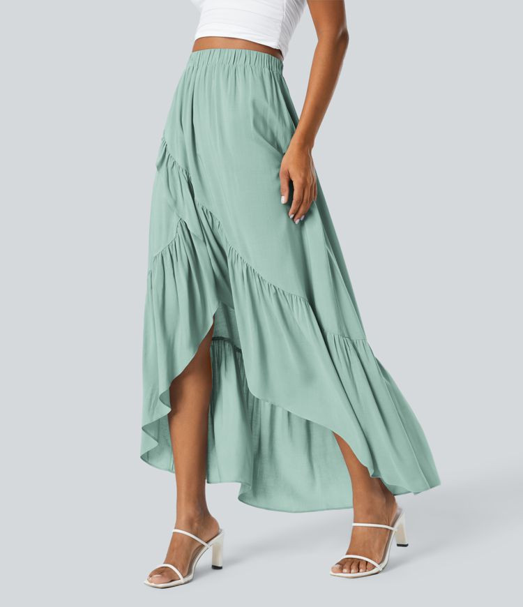 Women’s High Waisted Plicated High Low Ruffle Hem Flowy Maxi Resort Skirt - Halara | HALARA