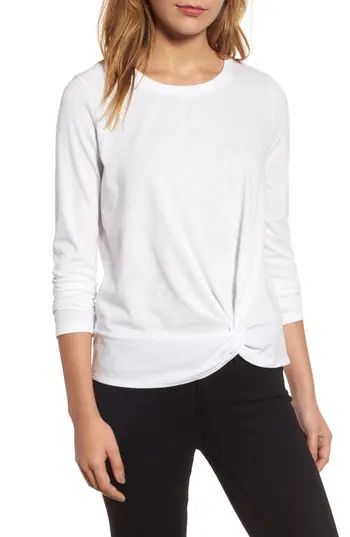 Women's Caslon Long Sleeve Front Knot Tee, Size X-Small - White | Nordstrom
