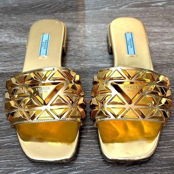 Prada Studded Gold Metallic Leather Slide Sandal | Poshmark