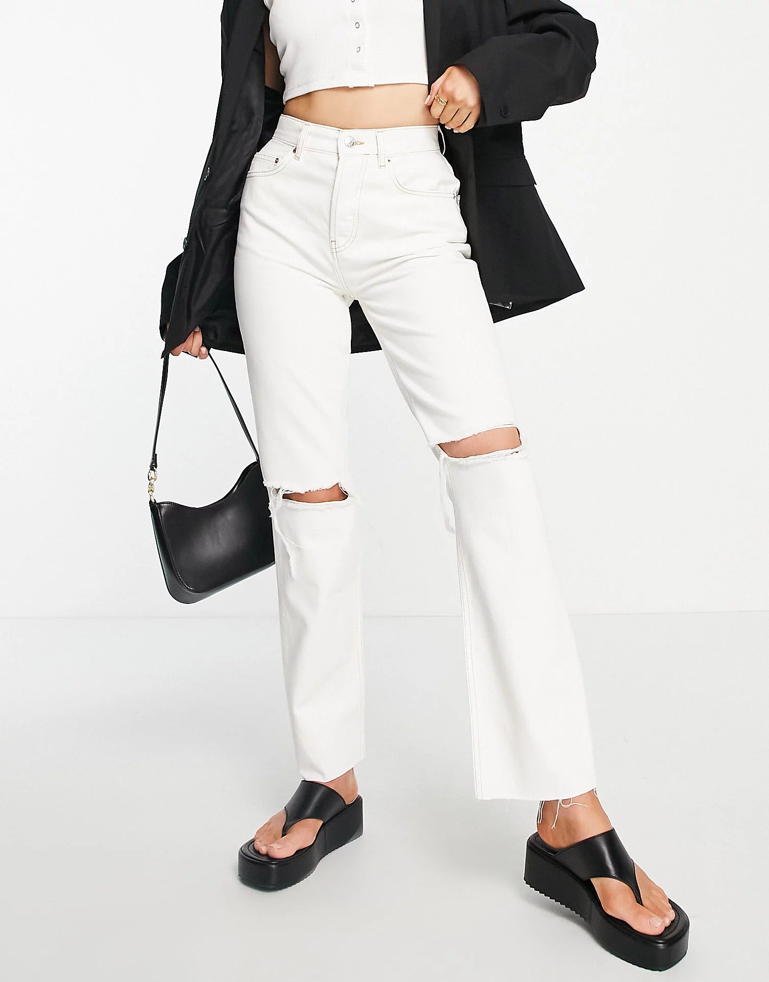 ASOS DESIGN '90's' straight leg jean in white with knee rips and raw hem | ASOS (Global)