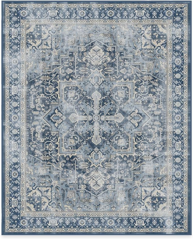 Ruggable Washable 8x10 Large Area Rug, Kamran Admiral Blue, Premium Vintage Rugs for Living Room,... | Amazon (US)