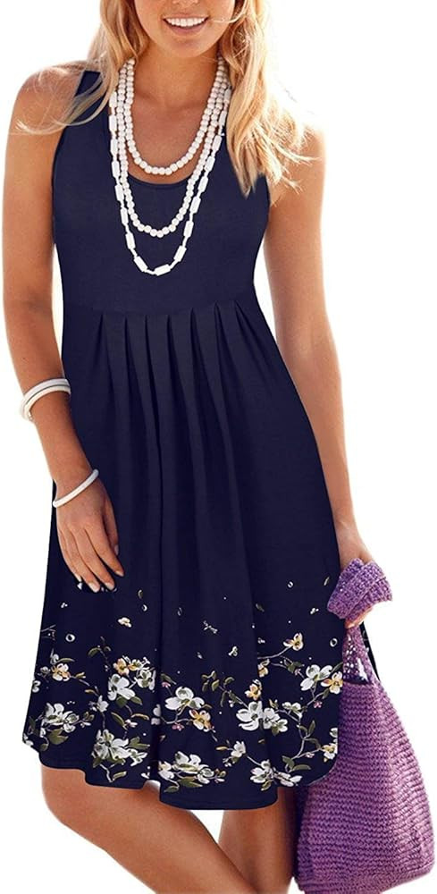 KILIG Women Summer Casual Loose Floral Print Pleated Sleeveless Midi Vest Sun Dresses for Beach Wedd | Amazon (US)