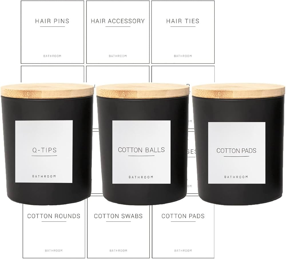 3PCS Modern 13.53oz Black Bathroom Canisters with 12 Labels & Wooden Lid Thick Glass Jar Set Qtip... | Amazon (US)