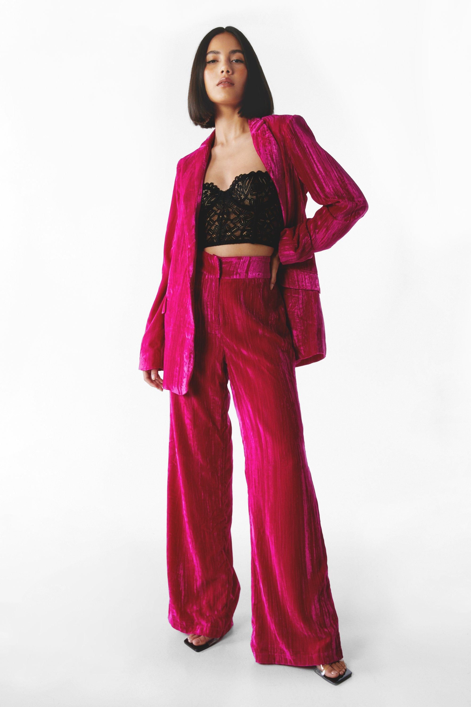 Womens Velvet Wide Leg Pants - Hot Pink - 2 | Nasty Gal (US)