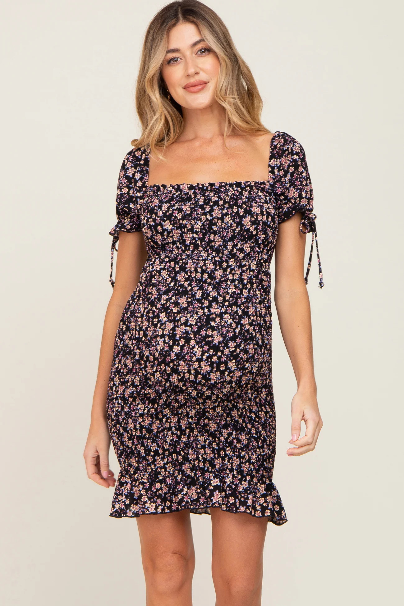 Black Floral Smocked Maternity Mini Dress | PinkBlush Maternity