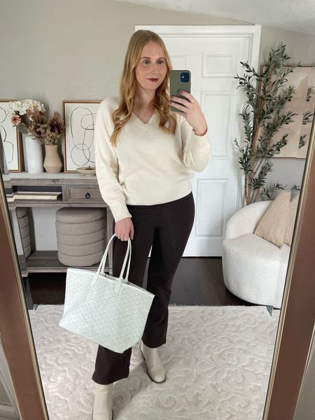 White v neck sweater (size small) with brown Ponte pants (size large) with a white work tote bag 

#LTKmidsize #LTKworkwear #LTKfindsunder50