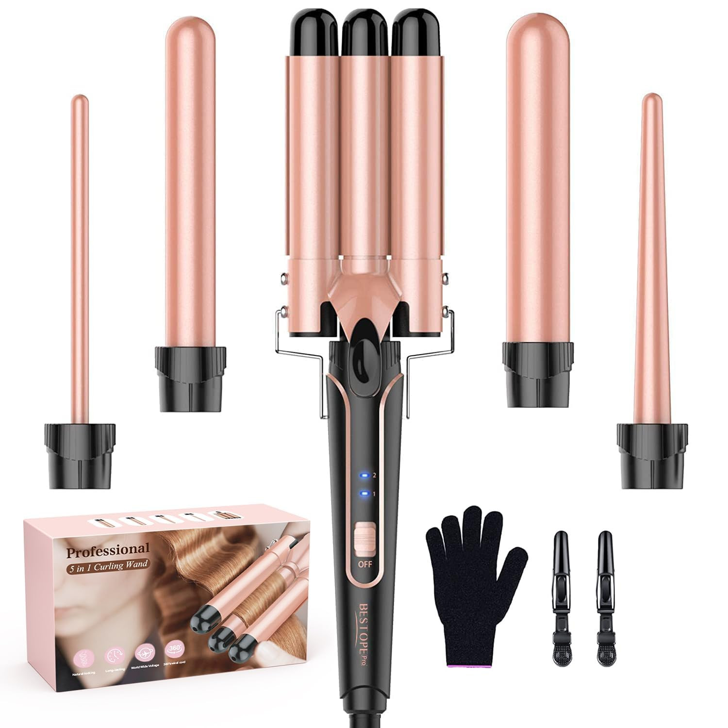 Waver Curling Iron Wand, BESTOPE PRO 5 in 1 Curling Wand Set with 3 Barrel Hair Crimper for Women... | Amazon (US)