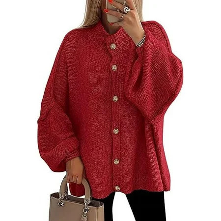 PRETTYGARDEN Women s Winter Button Down Cardigan Sweaters Mock Neck Lantern Long Sleeve Chunky Knit Jacket Trendy Outerwear | Walmart (US)