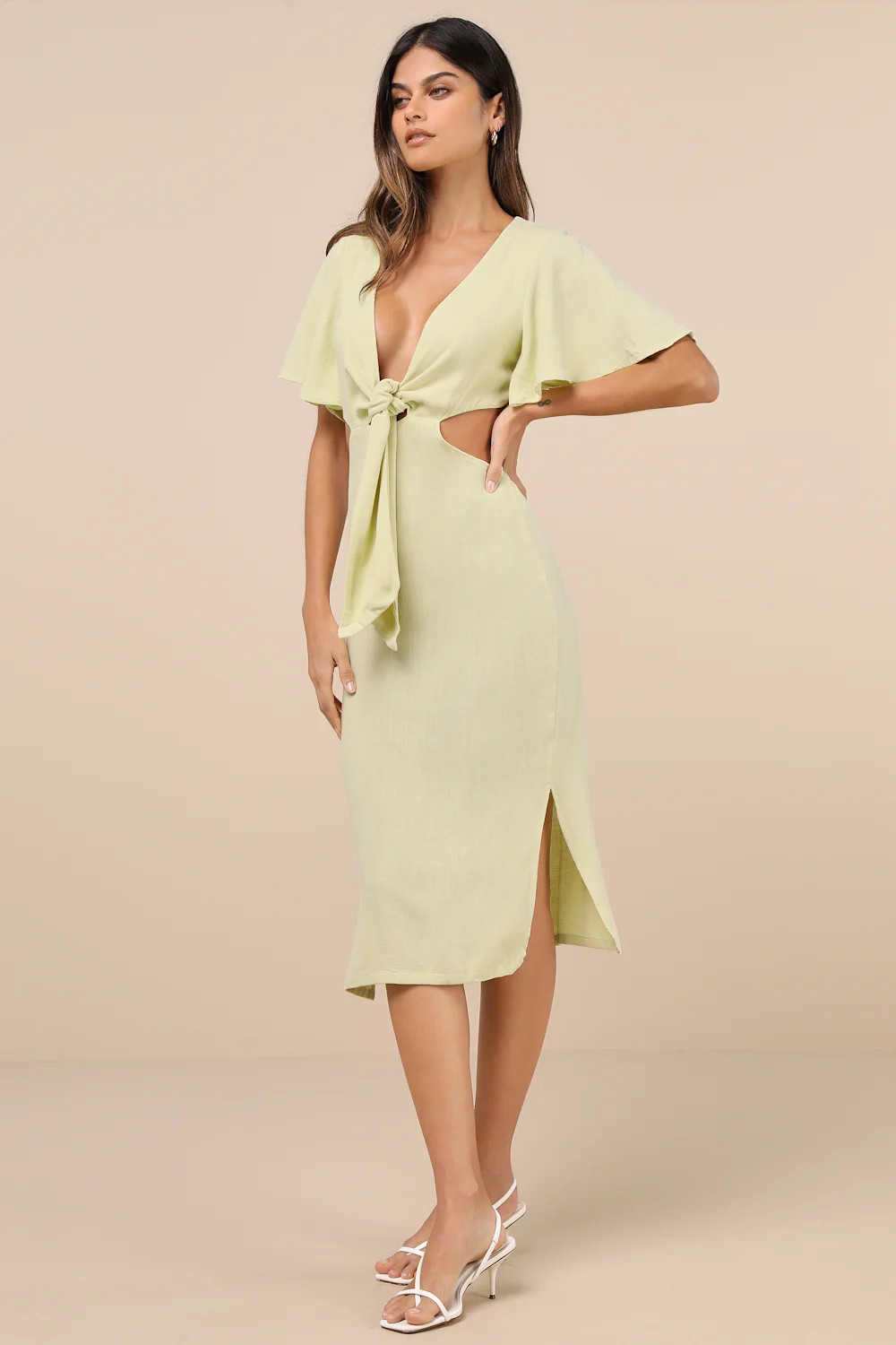 Summer Journey Light Green Tie-Front Cutout Midi Dress | Lulus
