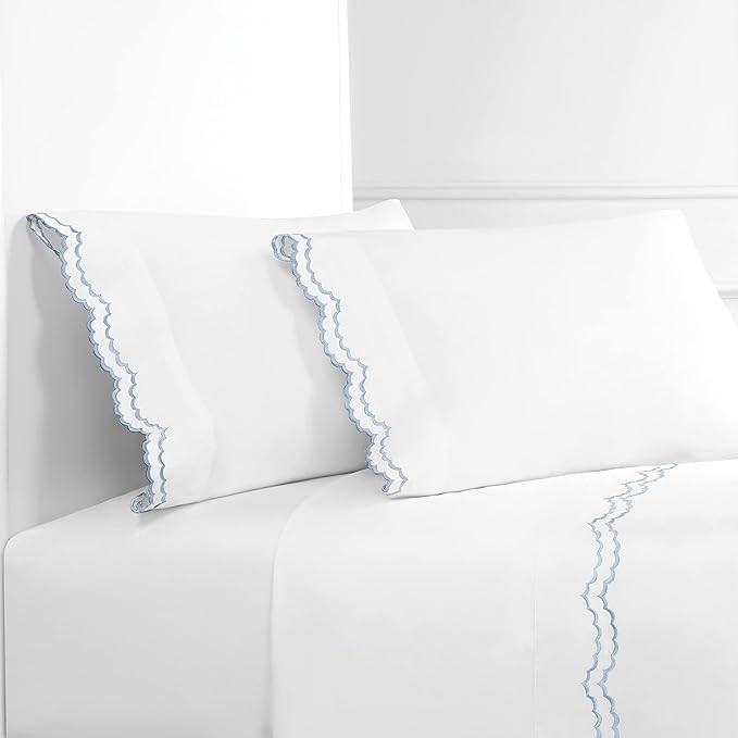 Mélange Home Double Scalloped Percale Weave Embroidered Queen Size White Sheet Set 300 Thread Co... | Amazon (US)