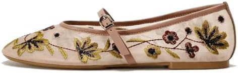 MRKEWUNEY Mesh Ballet Flats for Women Embroidered Floral Round Toe Mary Jane | Amazon (US)