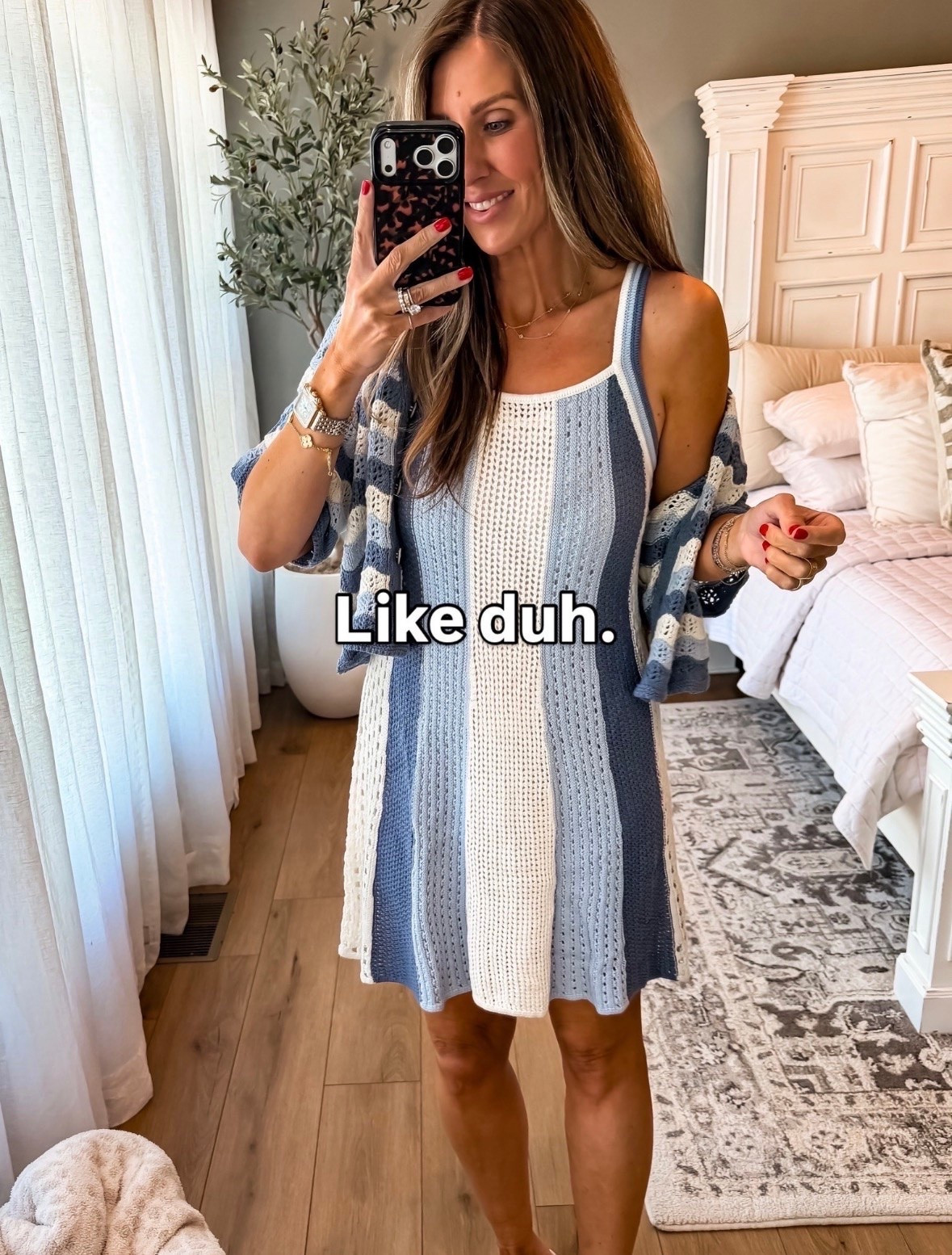 This knit cover-up dress is one of those summer pieces that always gets compliments. I love the coastal feel of the blue and white stripes, and the matching cardigan makes it perfect for beach trips, pool days, cruises, or vacation dinners. Such a cute set to throw on over a swimsuit or wear on its own all summer long.

crochet dress, knit cover up, beach vacation outfit, coastal style, resort wear, poolside outfit, summer vacation fashion, blue and white dress, matching cardigan, cruise outfit, beach cover up, vacation style, summer wardrobe, themominstyle

#LTKSeasonal #LTKTravel #LTKootd