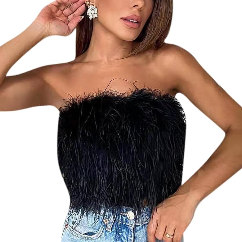 AIBEARTY Women Sexy Faux Fur Feather Crop Tops Strapless Bandeau Tube Top Plush Aesthetic Cami Ve... | Amazon (US)