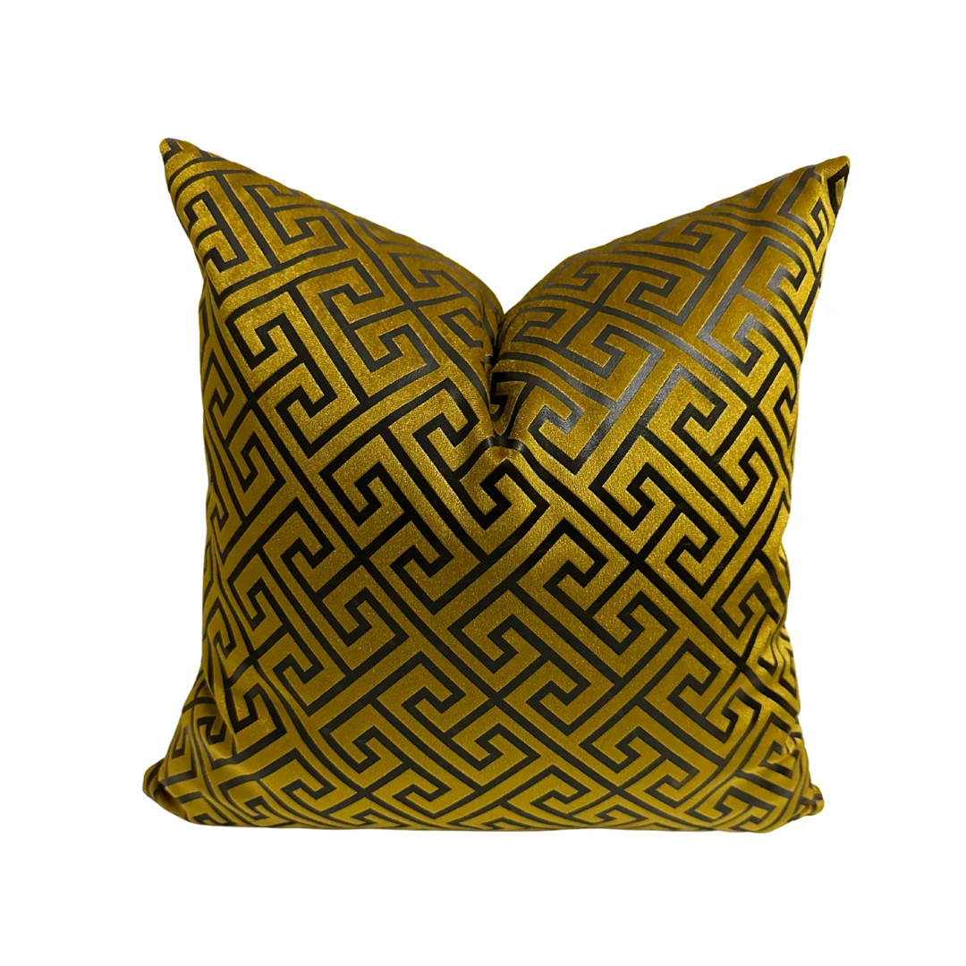 Luxury Mustard Velvet Throw Pillow Cover, Black Print Pillow Case, Greek Key Decorative Pillows f... | Etsy (US)