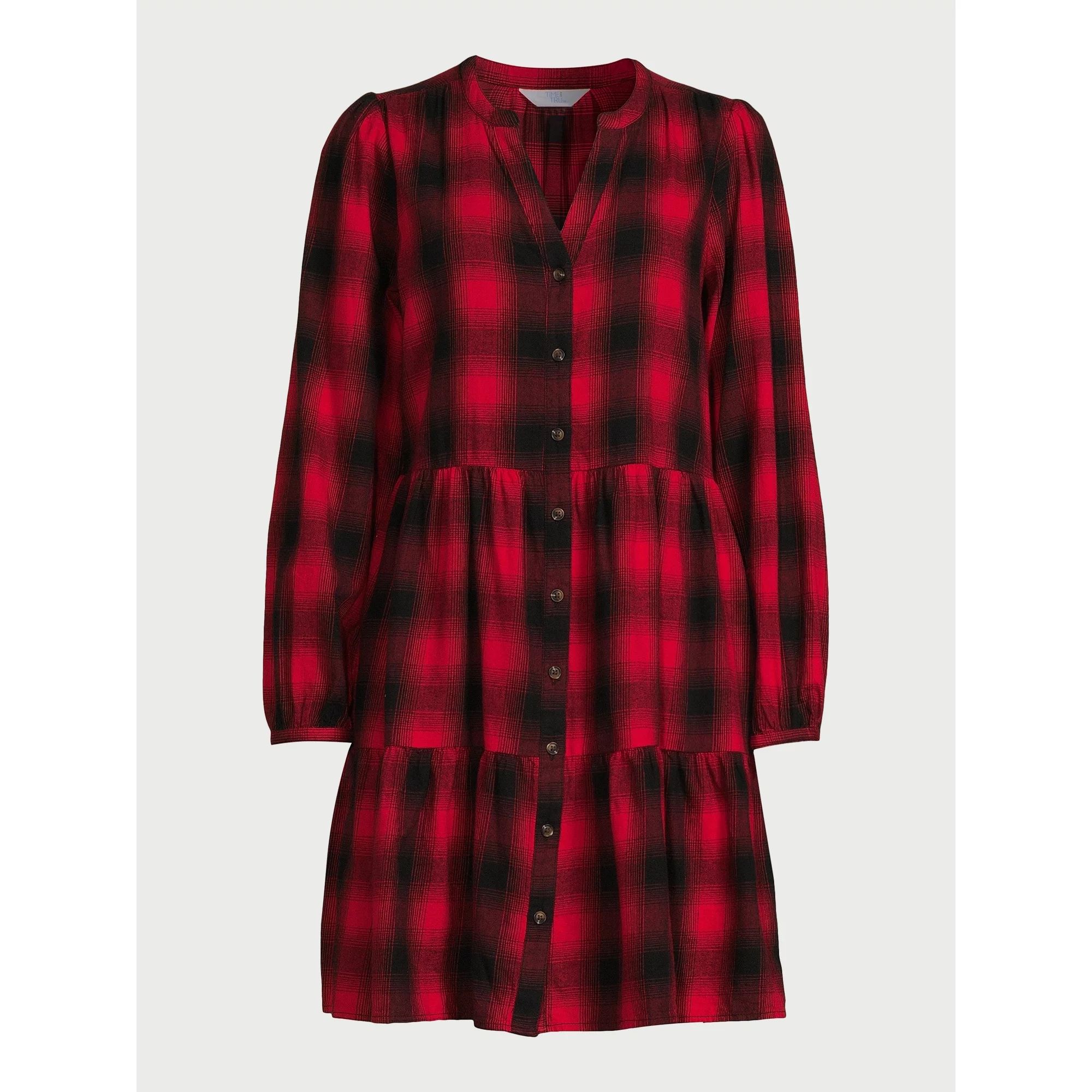 Time and Tru Women's Tiered Plaid Shirtdress with Puff Sleeves, Sizes XS-XXXL | Walmart (US)