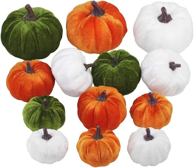 Winlyn 13 Pcs Assorted Mini Velvet Pumpkins Green Orange White Pumpkins for Halloween, Fall Thank... | Amazon (US)
