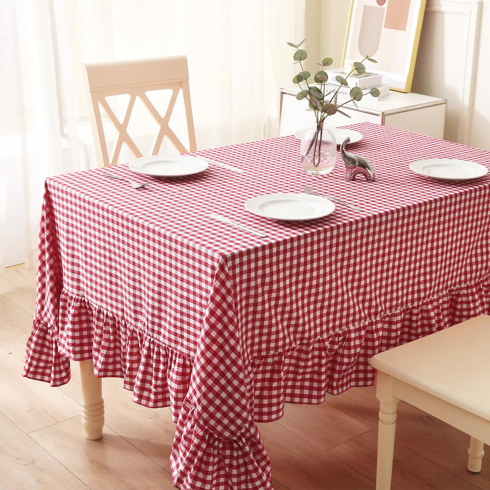 100% Cotton Red Plaid Ruffled Table Cloth for Rectangle Table, Classic Farmhouse Checker Gingham ... | Amazon (US)