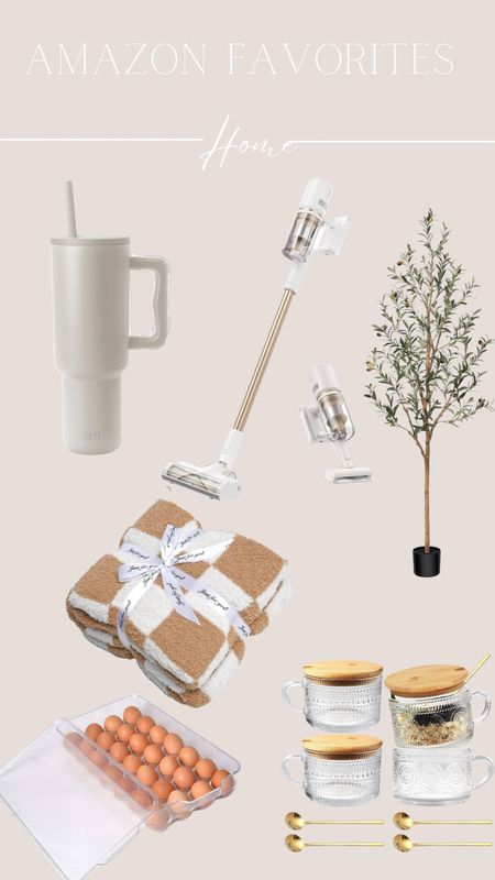 Amazon Home Favorites. White and gold vacuum. Olive tree. Simple modern cup. Checkered fuzzy blanket. Vintage clear coffee mugs. 

#LTKhome
