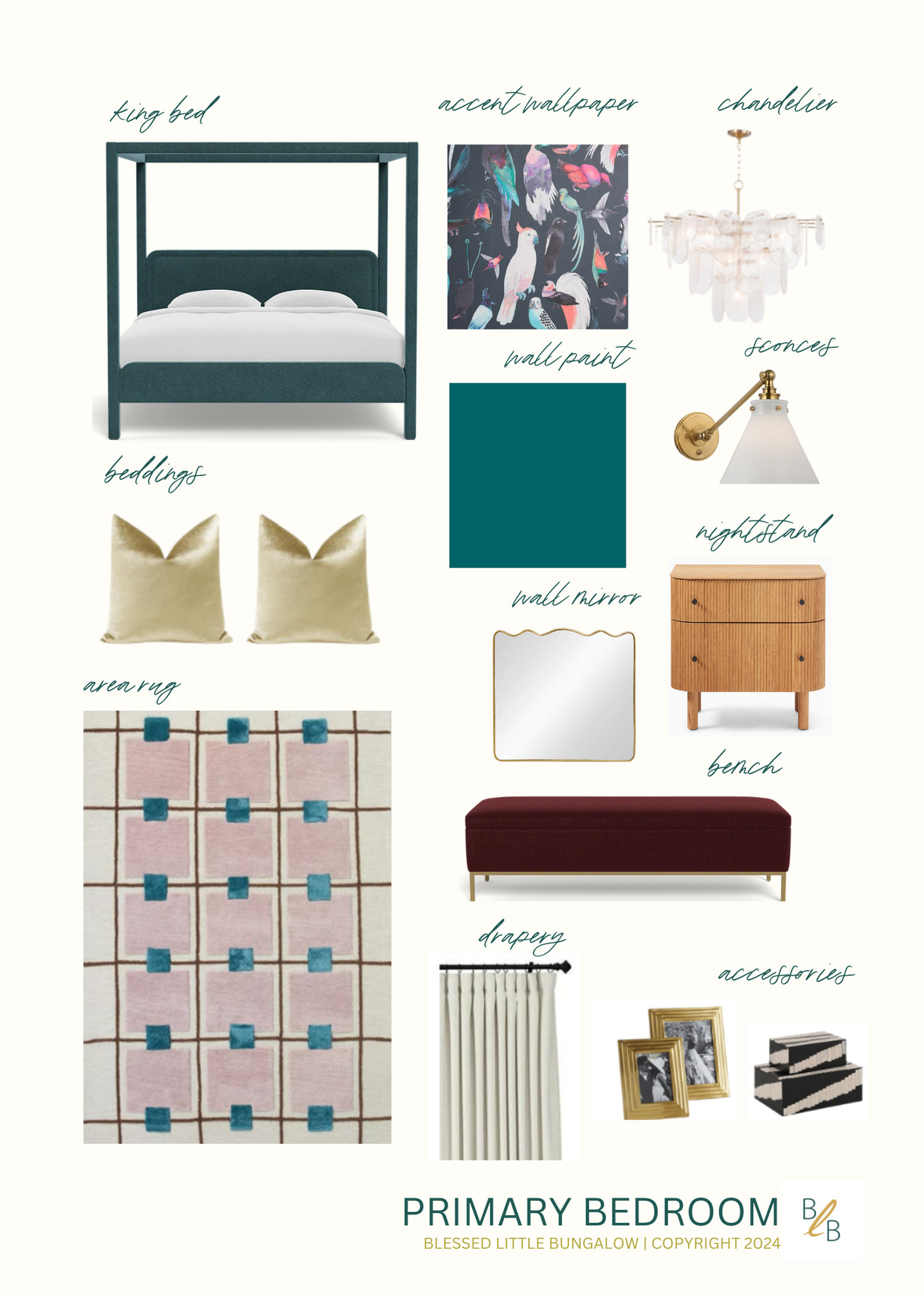 This primary bedroom came together through a thoughtful mix of saturated color, playful pattern, and soft, grounding textures. The bird-inspired wallpaper set the mood, while deep teal walls, warm wood tones, and plush textiles balanced boldness with comfort.

Each element was selected to create a space that feels layered, personal, and inviting — a bedroom that feels like a retreat without feeling precious.

✨ Shop the mood board pieces above.

#MoodboardMonday #InteriorDesignMoodboard #PrimaryBedroomDesign #BedroomInspiration #ColorfulInteriors #PatternPlay #WallpaperInspo #LTKHome #ShopTheLook #InteriorStyling #BlessedLittleBungalow #BLBStyle 

 #LTKHome