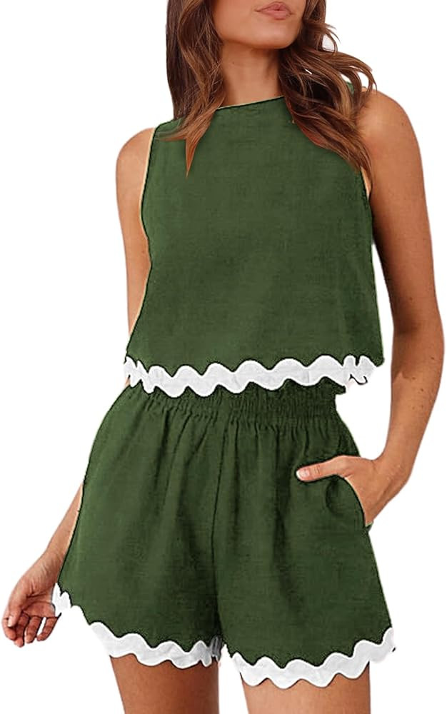 Womens 2 Piece Summer Outfits Lounge Sets Sleeveless Crop Tank Top and Shorts Tracksuits Pajama S... | Amazon (US)