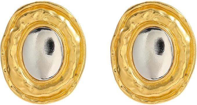Exaggerated Oval Metal Stud Earring Two Tone Color Gold and Silver Alloy Earrings for Women | Amazon (US)
