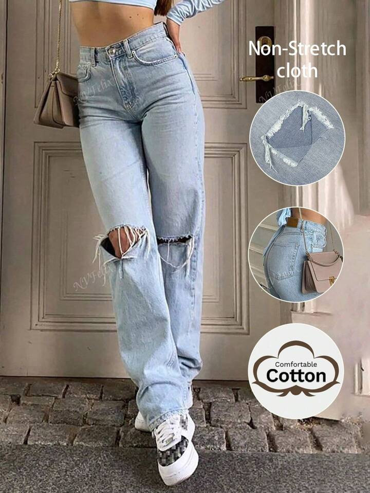 2025 New Ripped Pocket Casual Straight Leg Jeans | SHEIN