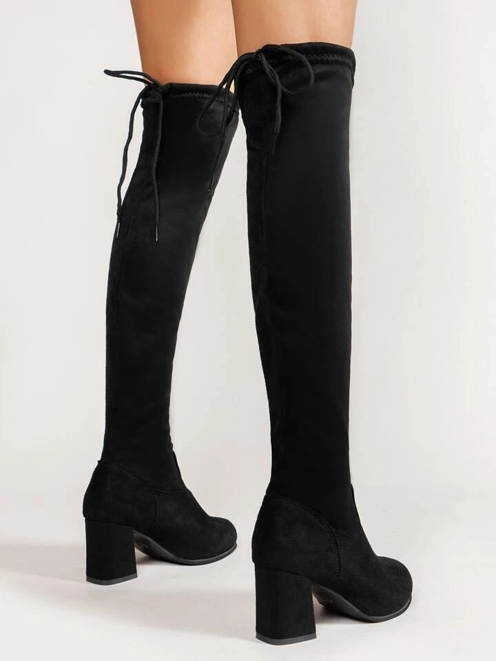 Women Black Tie Back Faux Suede Sock Boots, Fashionable Round Toe Chunky Heel Knee Boots | SHEIN