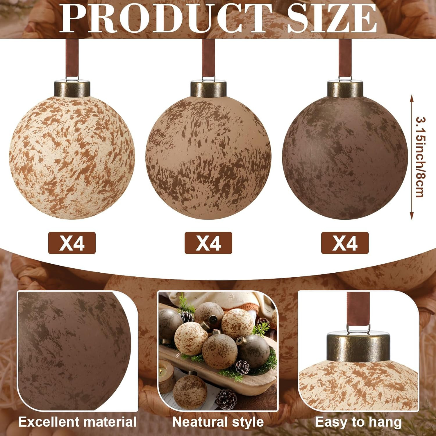 12 Pcs Neutral Christmas Textured Rusty Balls Ornaments 3.15'' Rustic Hanging Shatterproof Electr... | Amazon (US)