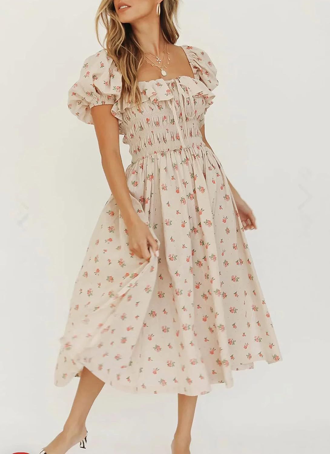 R.Vivimos Womens Summer Floral Print Puff Sleeves Vintage Ruffles Midi Dress | Amazon (US)