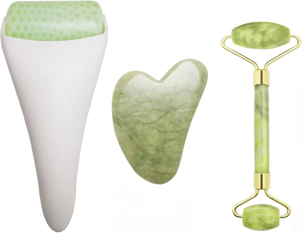 3 in 1 Ficial Face Ice Jade Roller and Gua Sha Tool, 100% Natural Real Jade Anti-Wrinkle Face Eye... | Amazon (US)