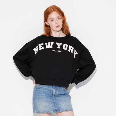 Women's New York Cropped Fleece Graphic Sweatshirt - Black S: Modern Lux, Cotton-Polyester, Crew Neck, Tagless | Target