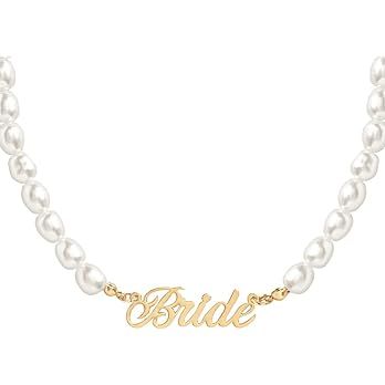 xo, Fetti Bride Pearl Beaded Necklace, 16" Choker, Bride Gold Nameplate | Bachelorette Party Deco... | Amazon (US)
