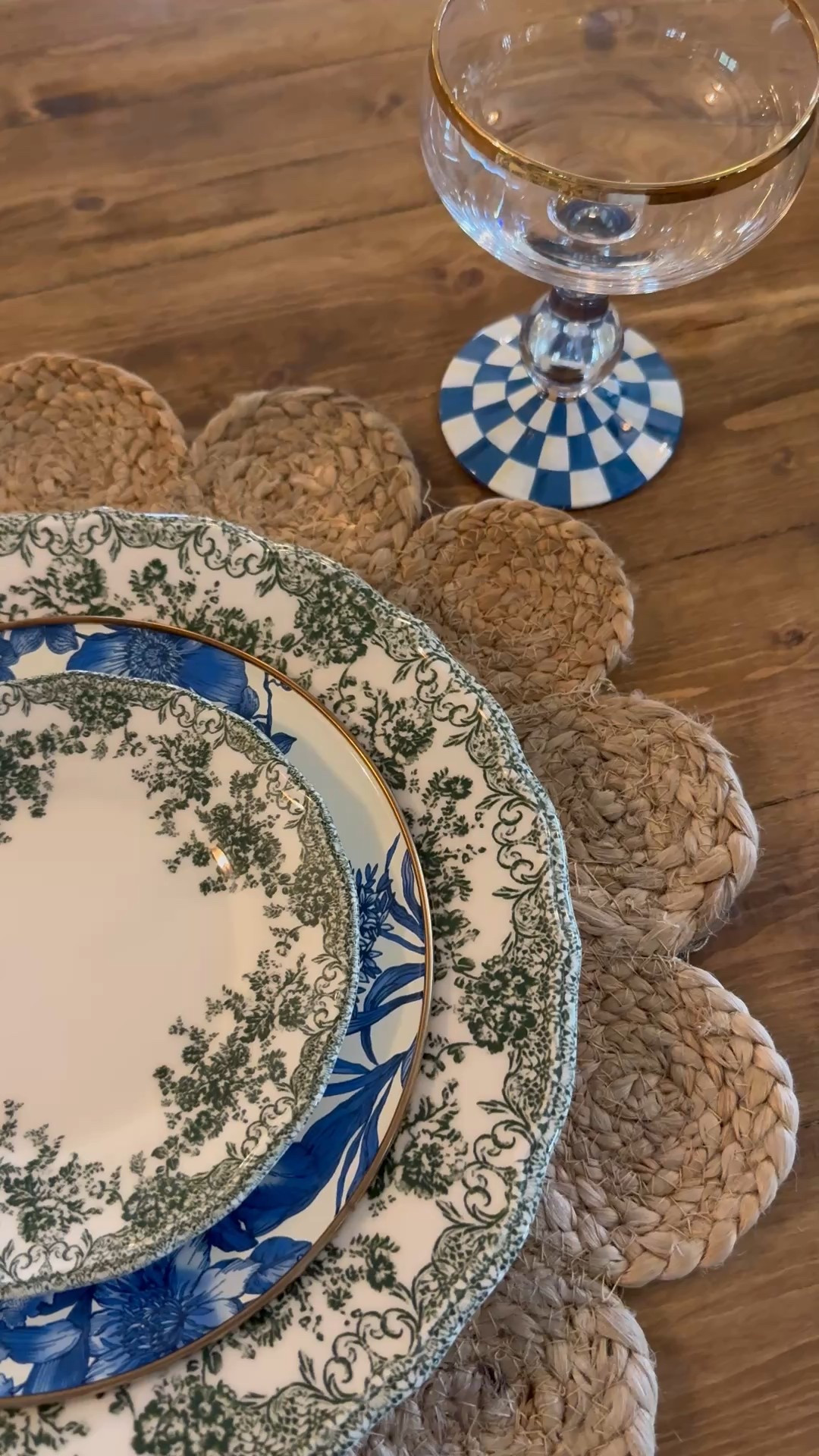 Spring table setting, blue and green table setting, green floral dishes, blue floral dishes, MacKenzie-Childs enamel plates, glassware, and flatware 

#LTKSaleAlert #LTKSeasonal #LTKHome