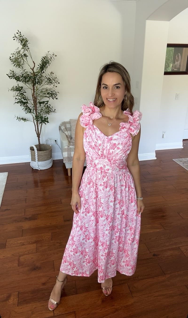 Soft pink floral dresses like this are perfect for a summer wedding guest look because they feel romantic, feminine, and elegant without being too formal. The ruffle straps and midi silhouette make this style especially great for garden weddings, brunch receptions, winery weddings, and outdoor summer events.

🌸 This look gives:

* Romantic cottagecore vibe
* Feminine summer elegance
* Comfortable but dressy wedding guest style
* Perfect balance of classy + playful

Pinterest-ready caption:

“Soft florals, ruffle details, and the perfect summer wedding guest dress 💕 This romantic pink midi dress is giving elegant garden party vibes and is perfect for weddings, brunches, showers, and summer events.”

#summerweddingguestdress #weddingguestdress #pinkdress #floraldress #amazonfashion #midiDress #summerstyle #gardenwedding #romanticstyle #femininefashion #ruffledress #weddingguestoutfit #classydress #elegantstyle #amazonfinds #dressinspo #summeroutfit #weddingseason #affordablefashion #sparkdazzle