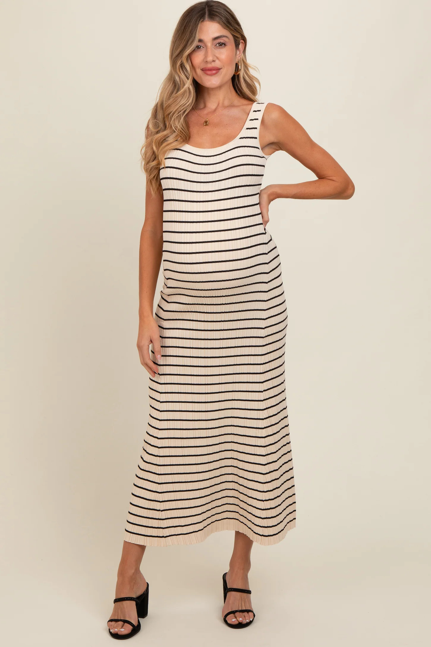 Cream Striped Pattern Sleeveless Knitted Maternity Long Dress | PinkBlush Maternity
