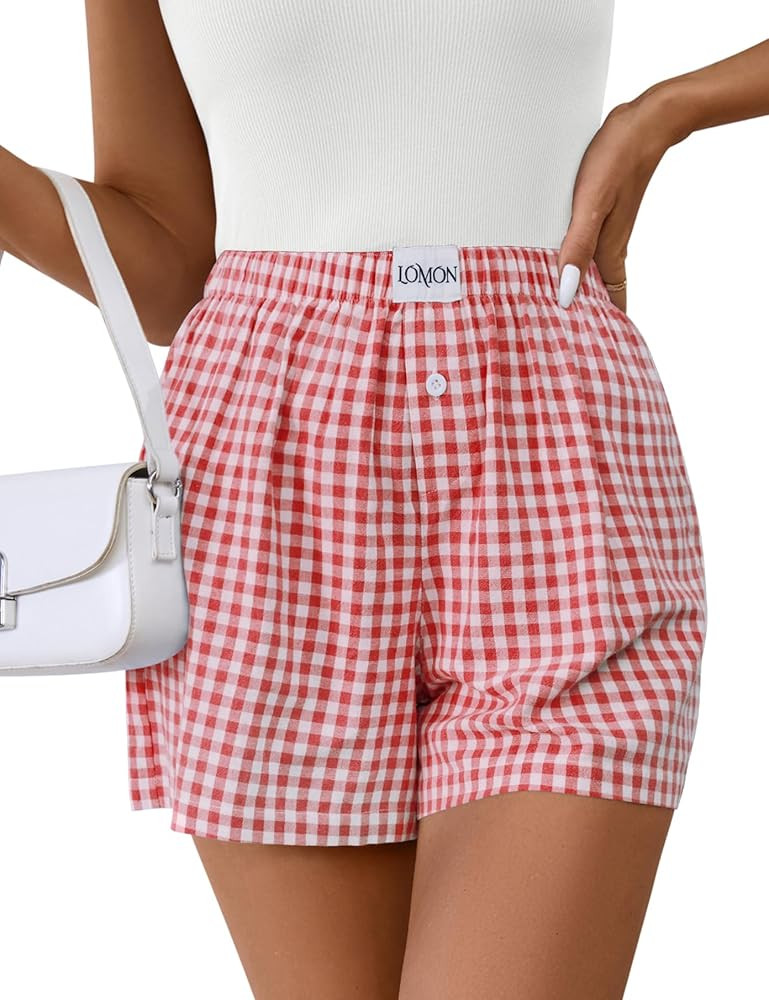 LOMON Womens Boxer Shorts Casual Summer Cotton Pajama Lounge Sleep Pj Gingham Plaid Shorts Y2K Be... | Amazon (US)